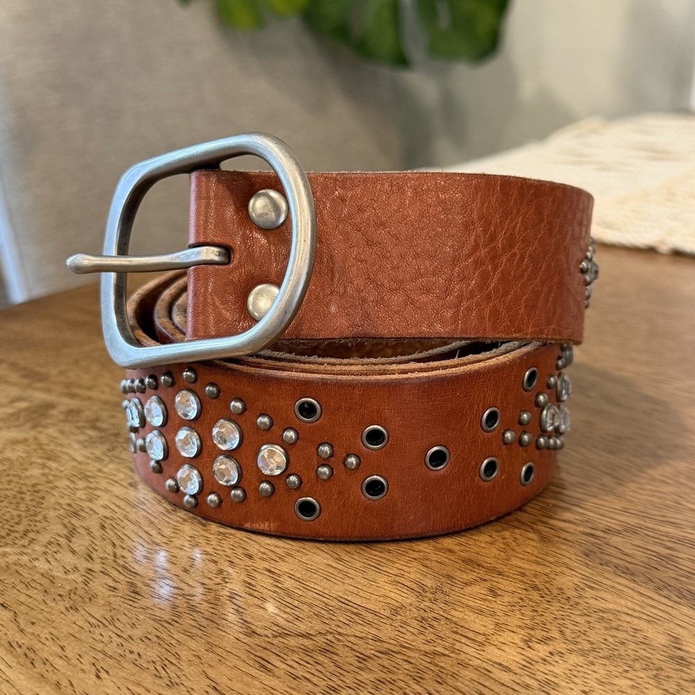Y2K VTG Fossil Brown Leather Belt Silver Studs Grommets Clear Rhinestones Sz‎ Lg